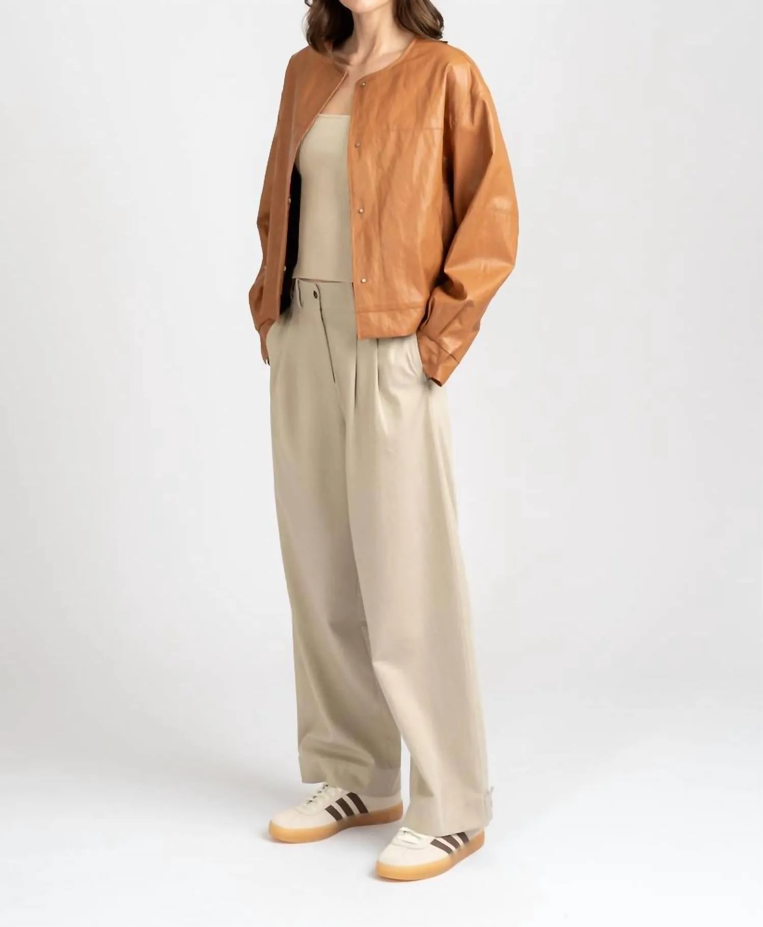 Collarless Vintage Leather Jacket In Tan
