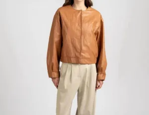 Collarless Vintage Leather Jacket In Tan