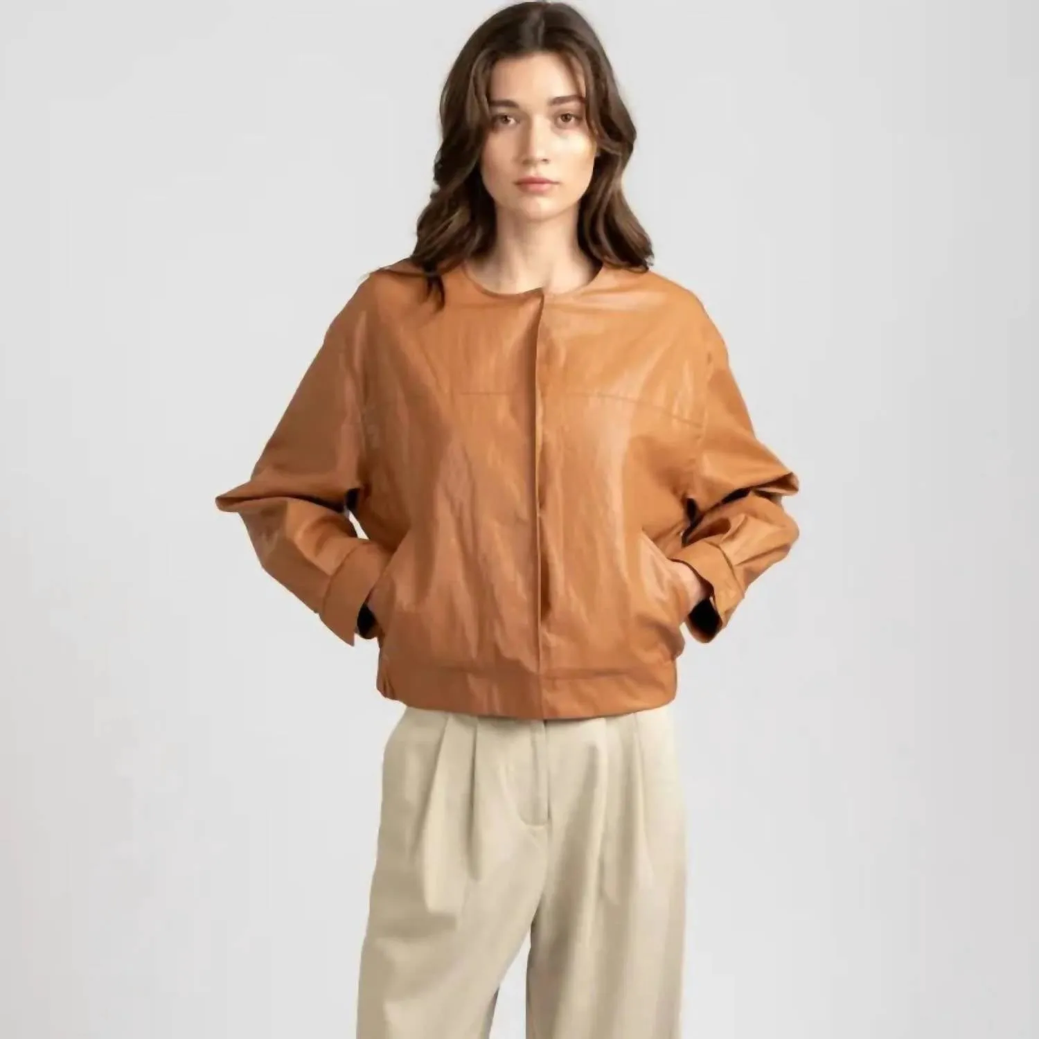 Collarless Vintage Leather Jacket In Tan