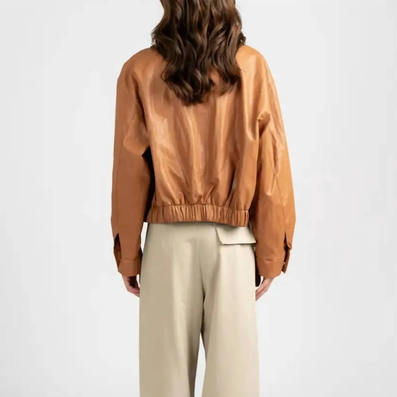 Collarless Vintage Leather Jacket In Tan