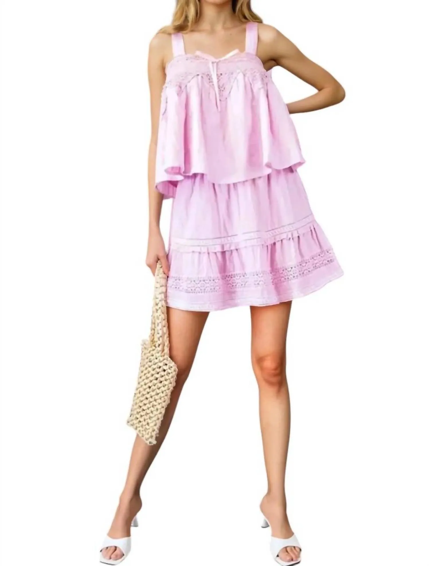 Courtney Pretty Crochet Trim Ruffle Top & Mini Skirt Set In Pink