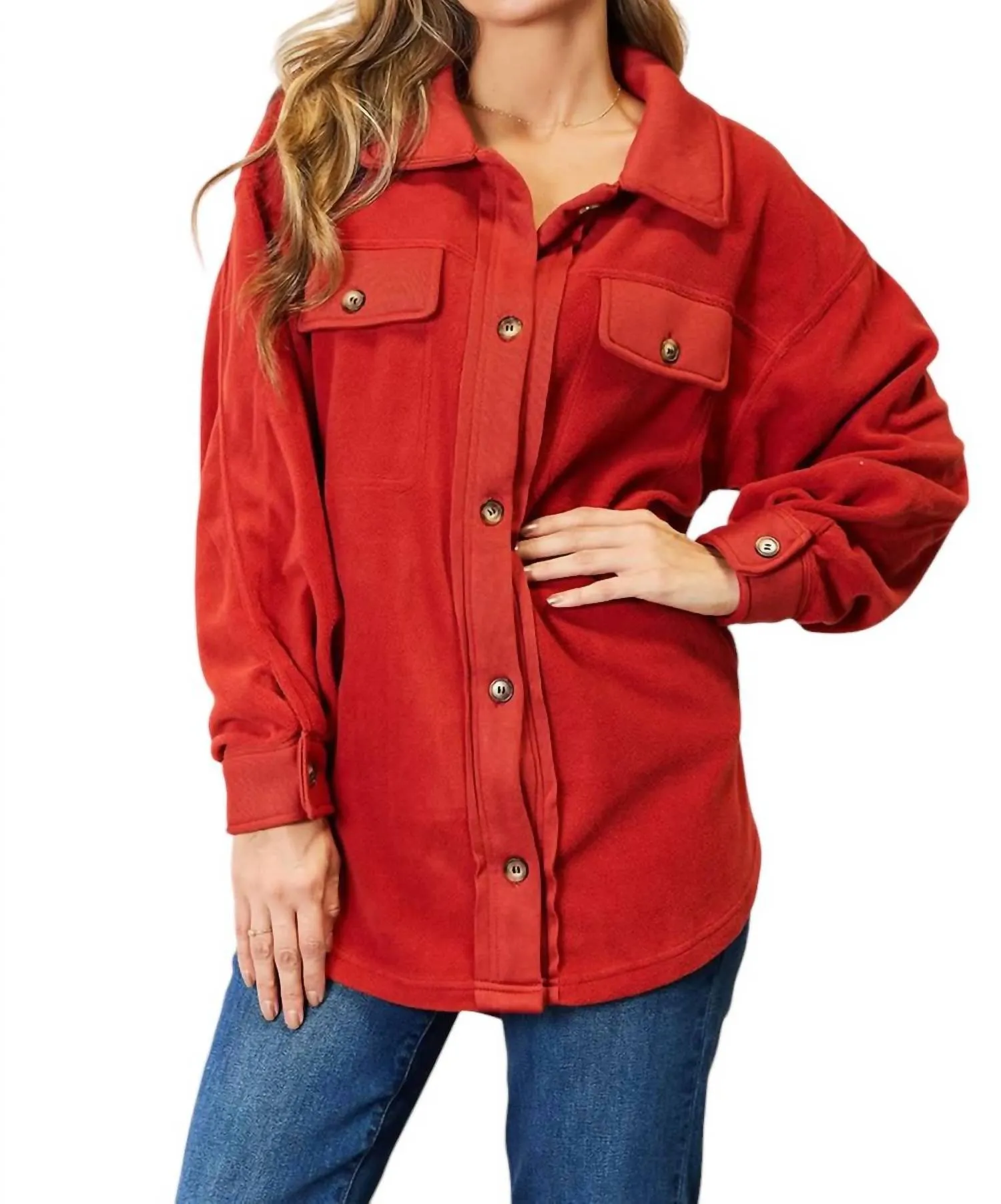 Cozy Girl Full Size Button Down Shacket In Rust