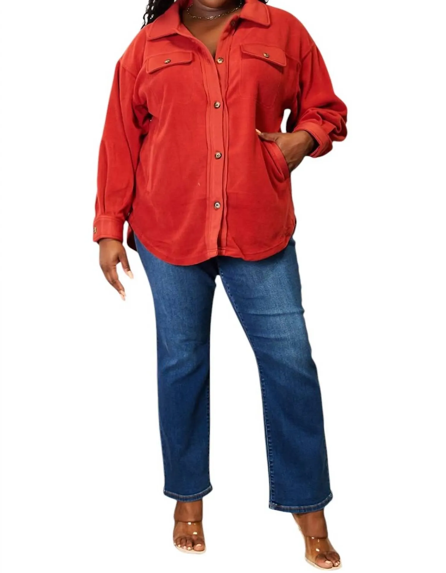 Cozy Girl Full Size Button Down Shacket In Rust