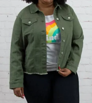 Curvy Frayed Denim Jacket In Olive