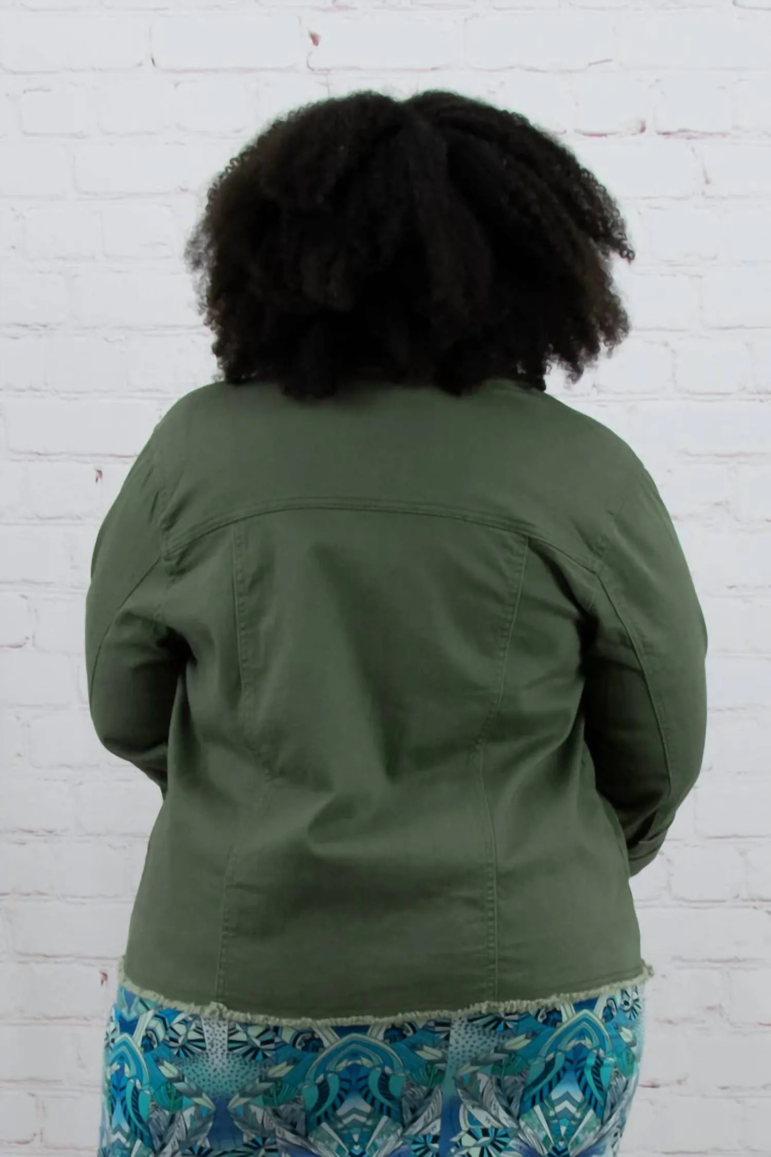Curvy Frayed Denim Jacket In Olive