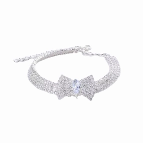 Diamante Bow Dog Necklace - Silver english tack set,horse saddle gear,equestrian supplies