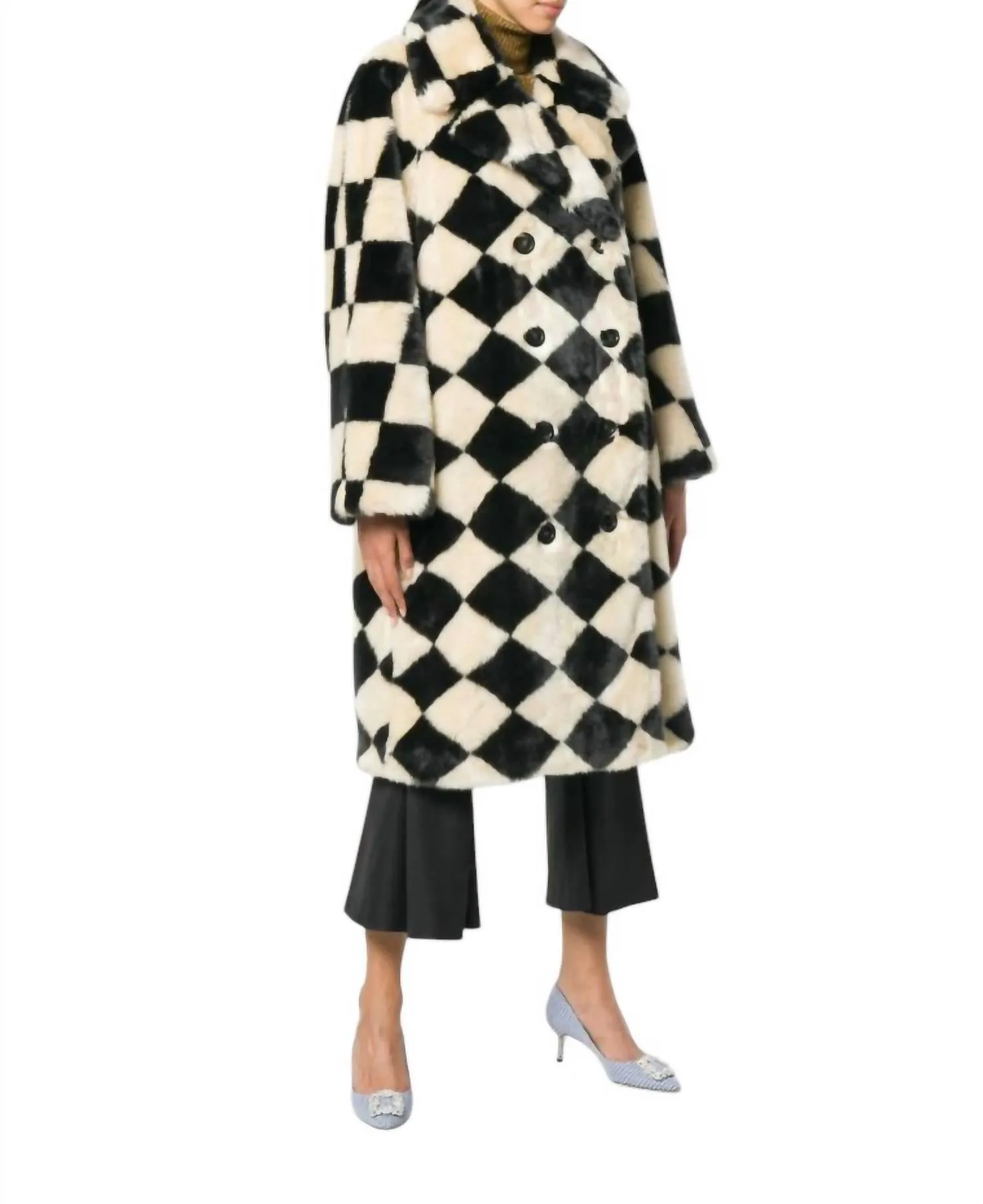 Diamond Check Faux Fur Coat In Black/cream