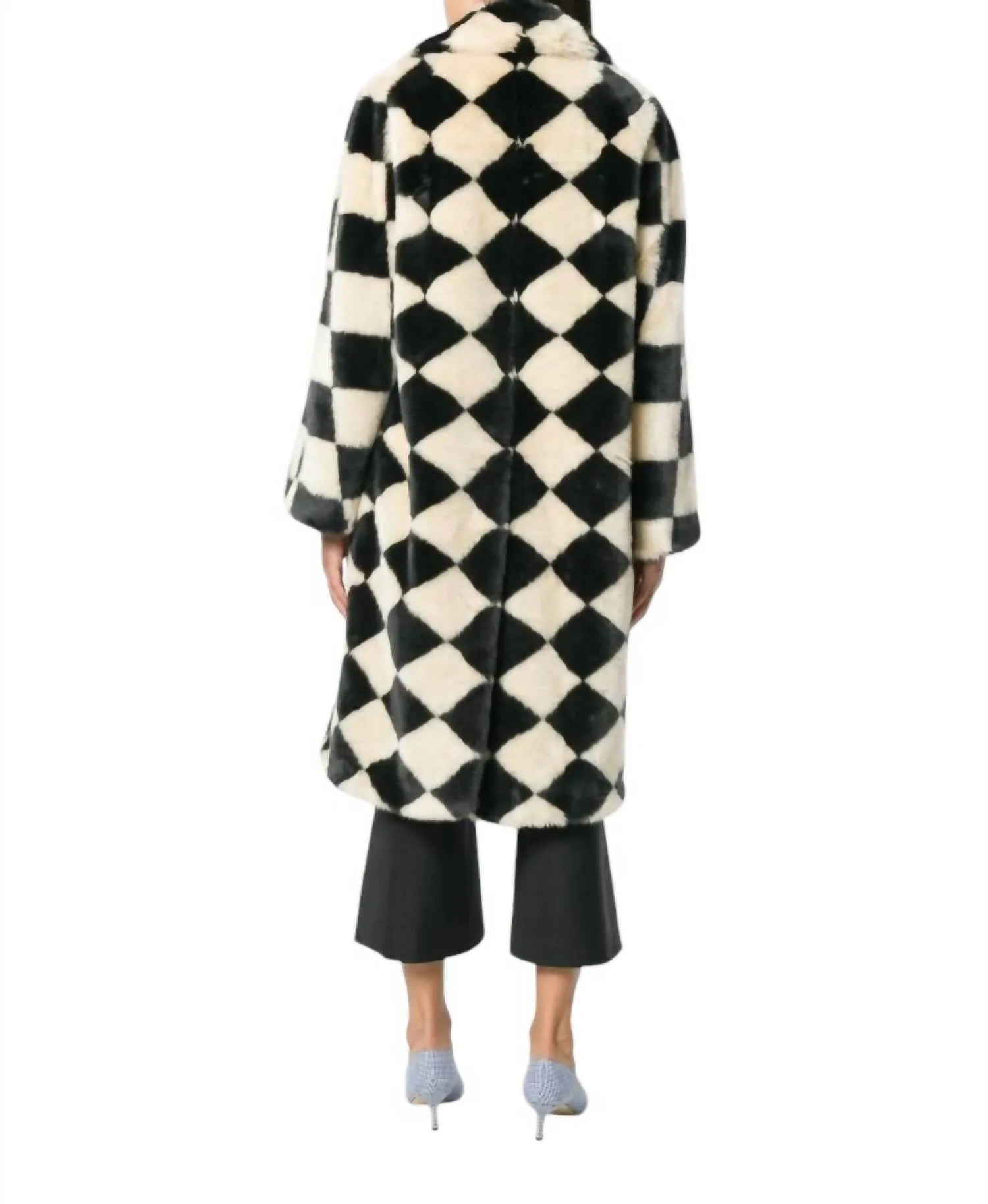 Diamond Check Faux Fur Coat In Black/cream