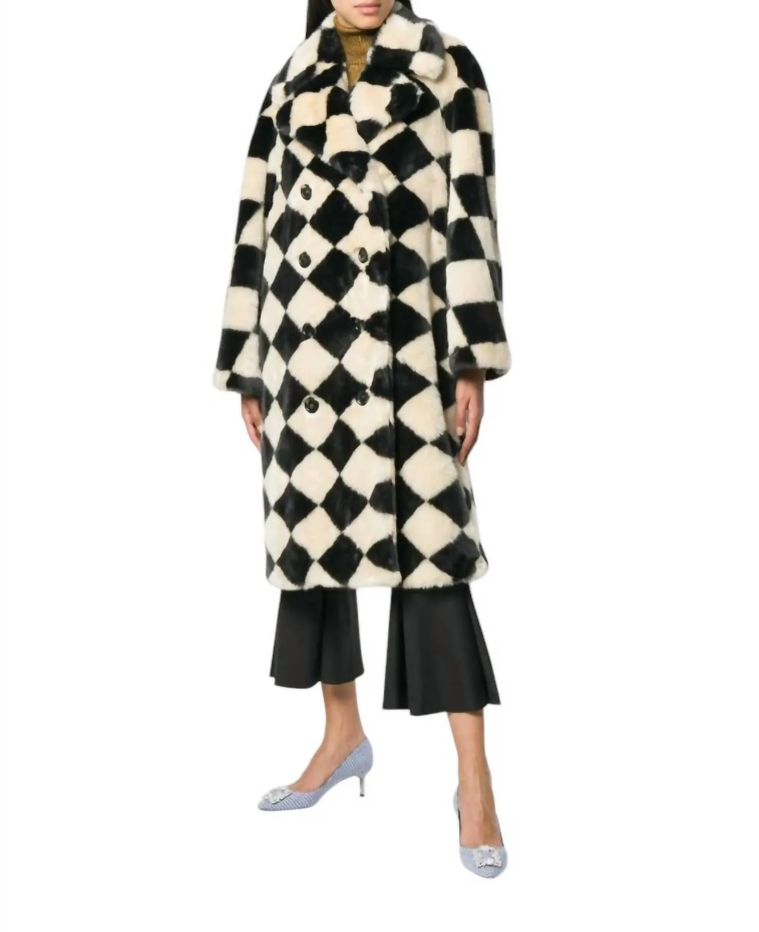 Diamond Check Faux Fur Coat In Black/cream