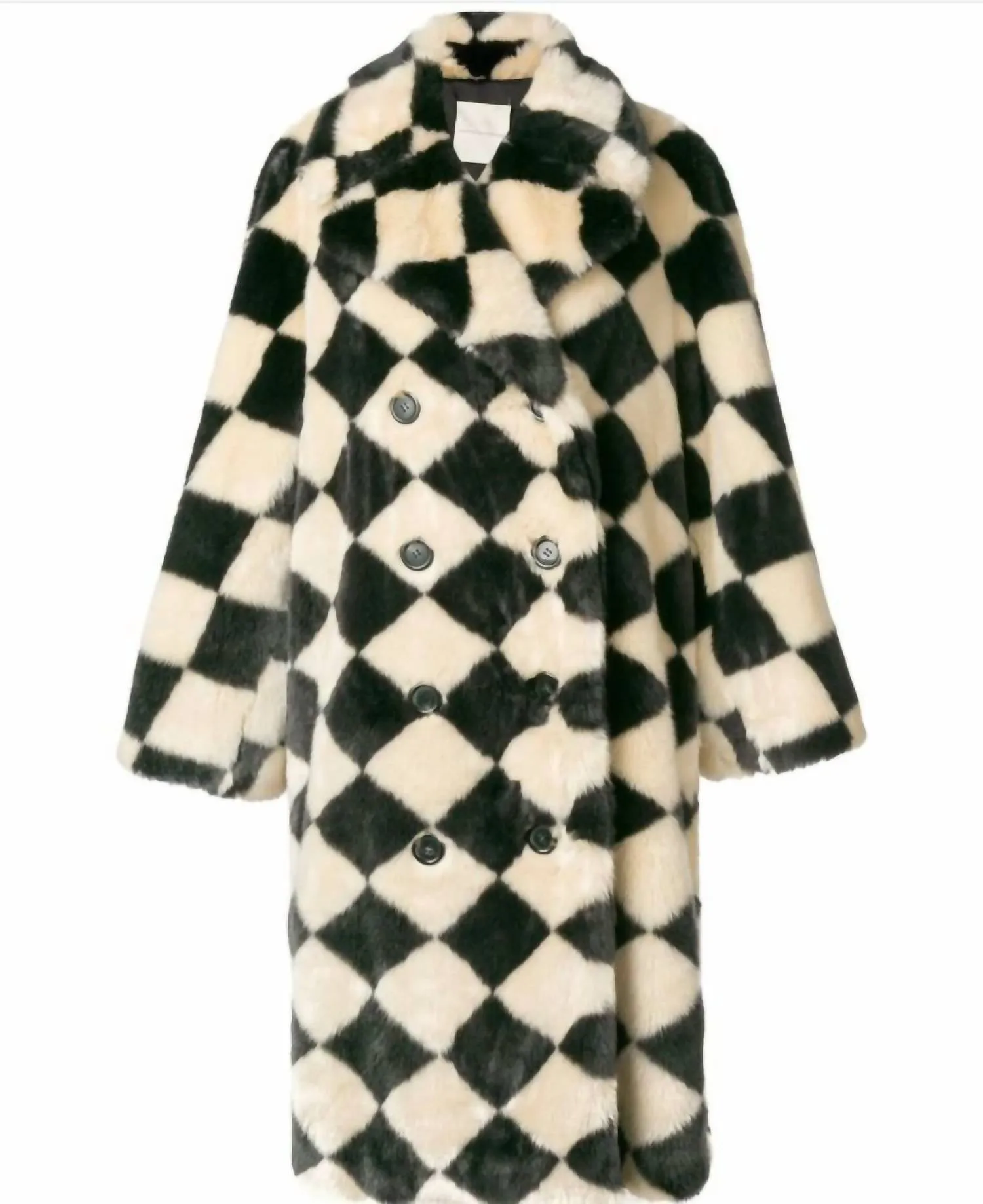 Diamond Check Faux Fur Coat In Black/cream