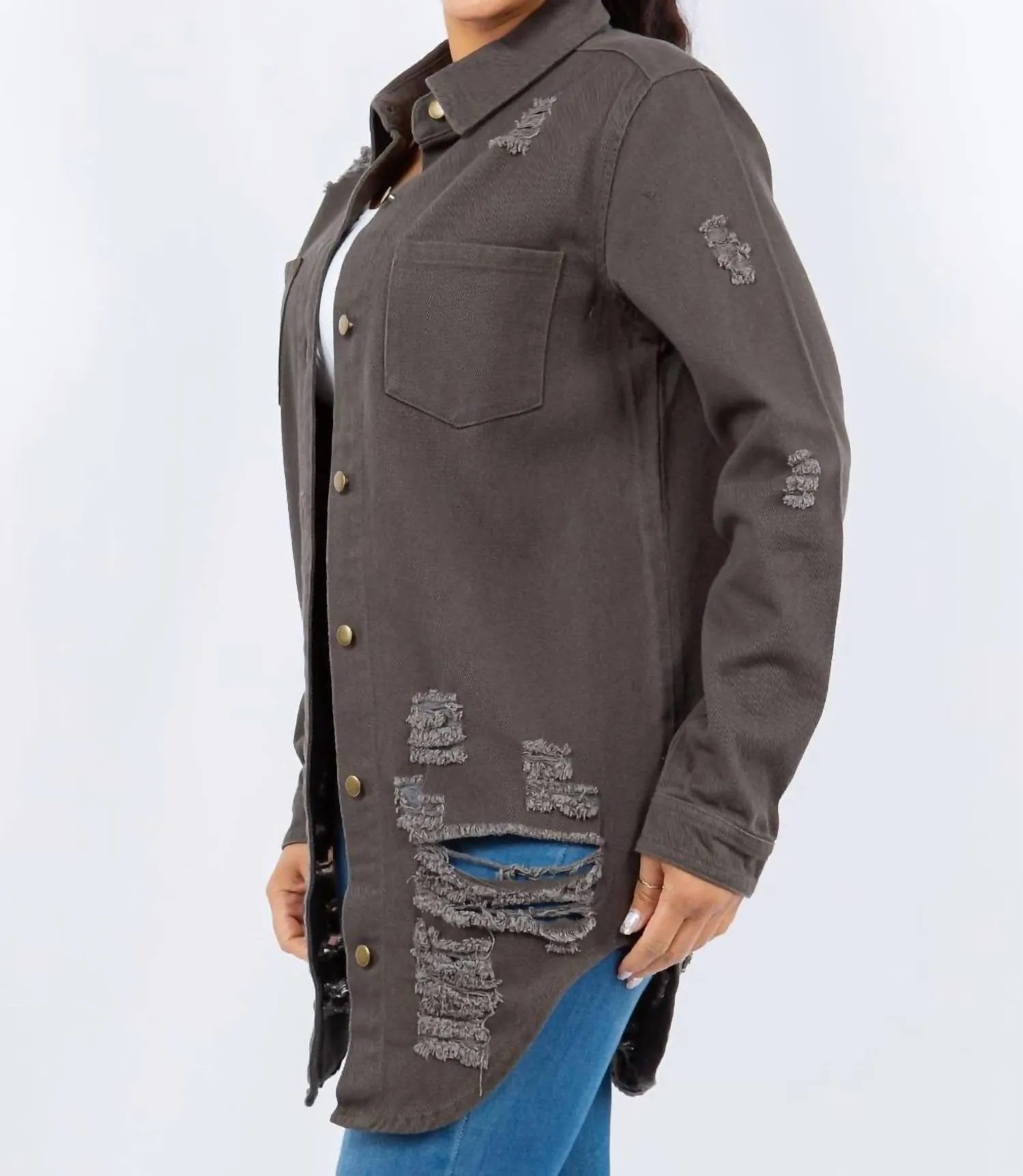 Distressed Button Up Long Sleeve Denim Jacket In Gray