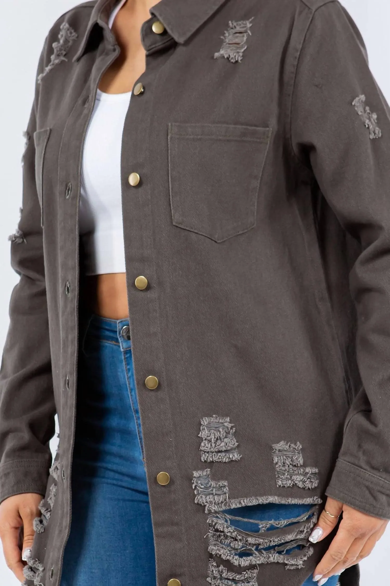 Distressed Button Up Long Sleeve Denim Jacket In Gray