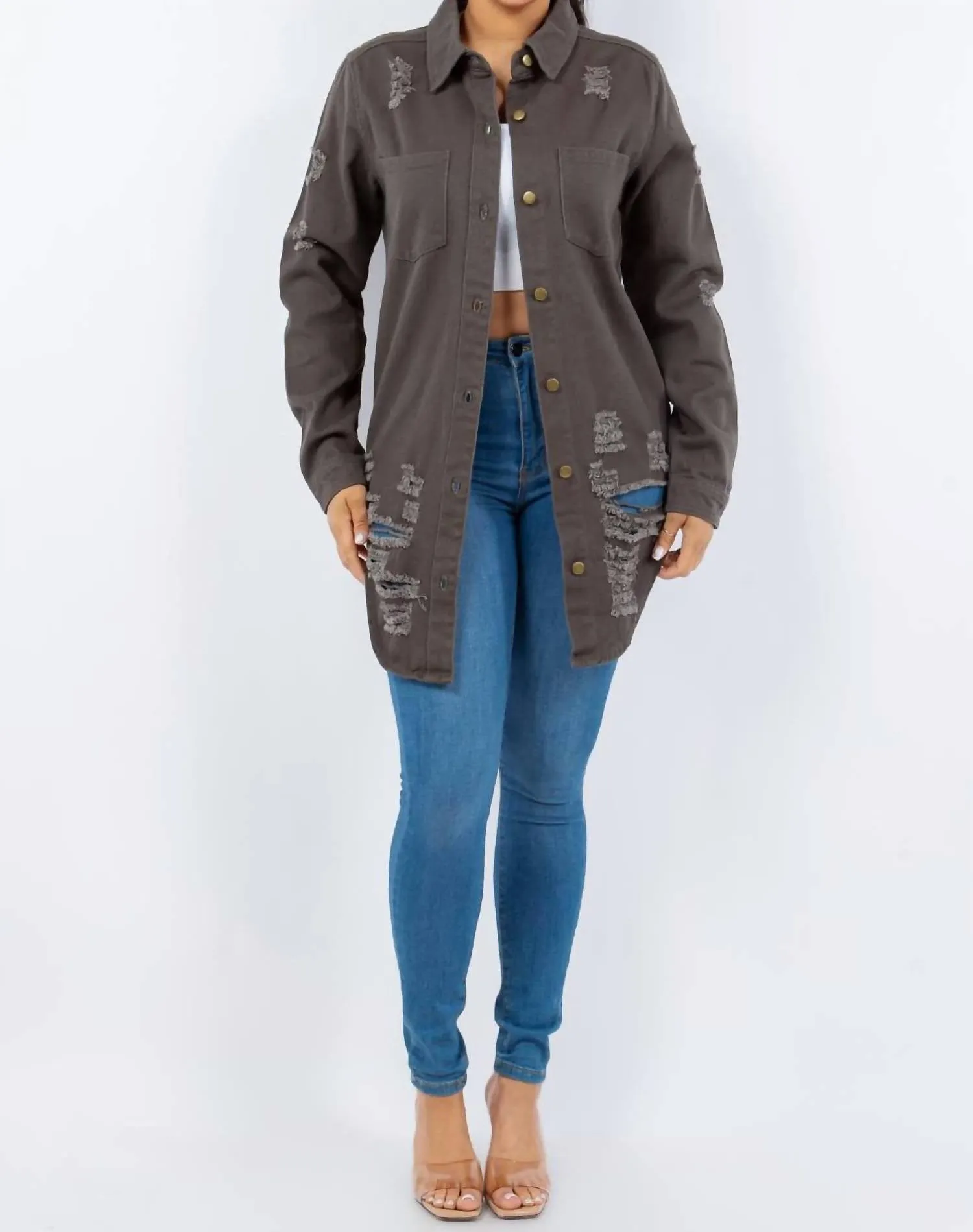 Distressed Button Up Long Sleeve Denim Jacket In Gray