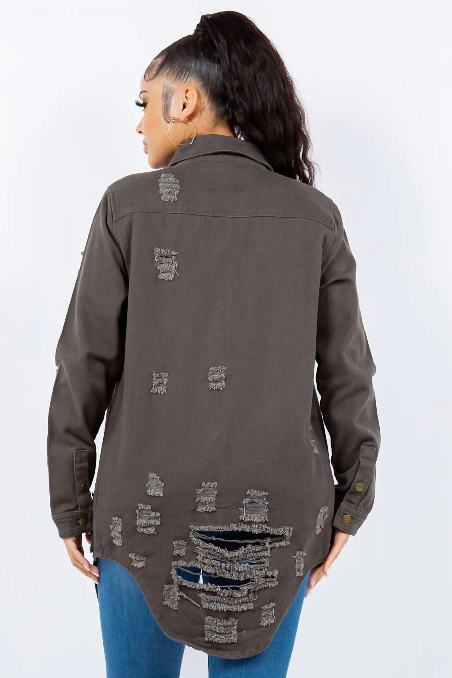 Distressed Button Up Long Sleeve Denim Jacket In Gray