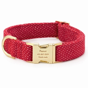 Dog Collar: Berry Stitch Flannel dog collar,leather dog collar,adjustable dog collar