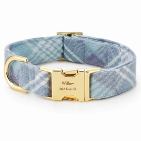 Dog Collar: Blue Frost Plaid Flannel dog collar,leather dog collar,adjustable dog collar