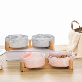 Double Marble Ceramic Bowls With Bamboo Stand dog bowl,slow feeder,pet food dish