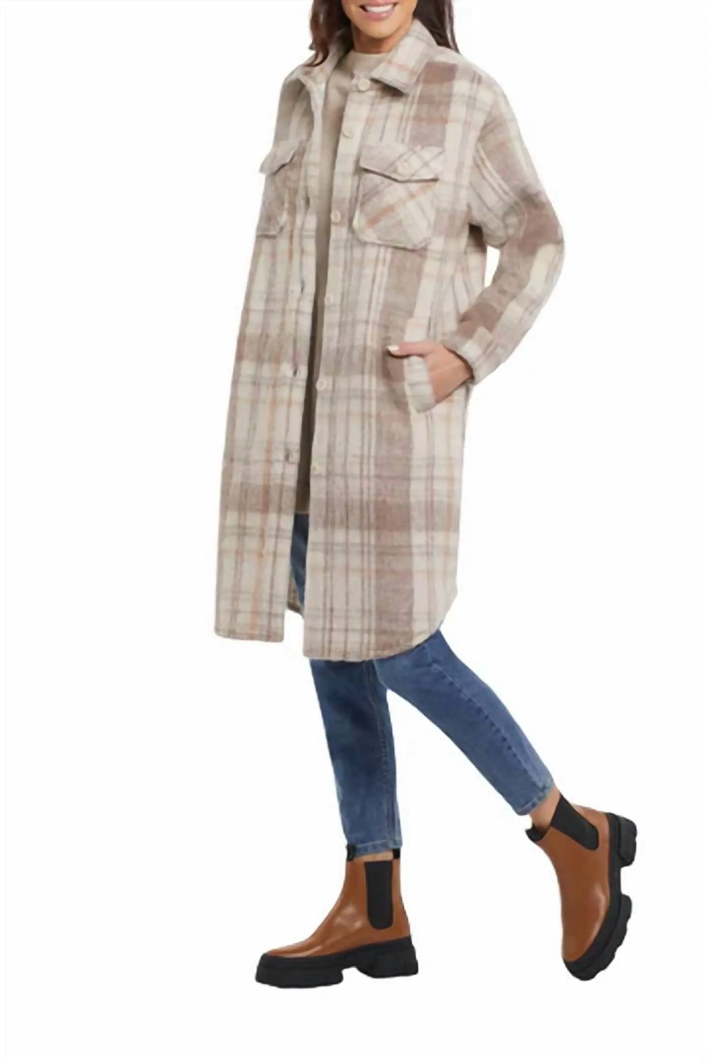 Drop Shoulder Long Shacket In Camel