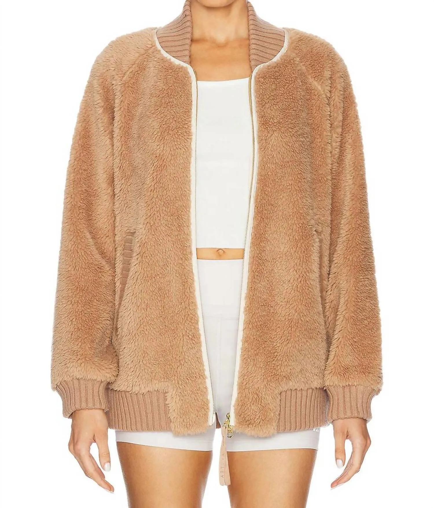 Ella Longline Sherpa Bomber Jacket In Chanterelle