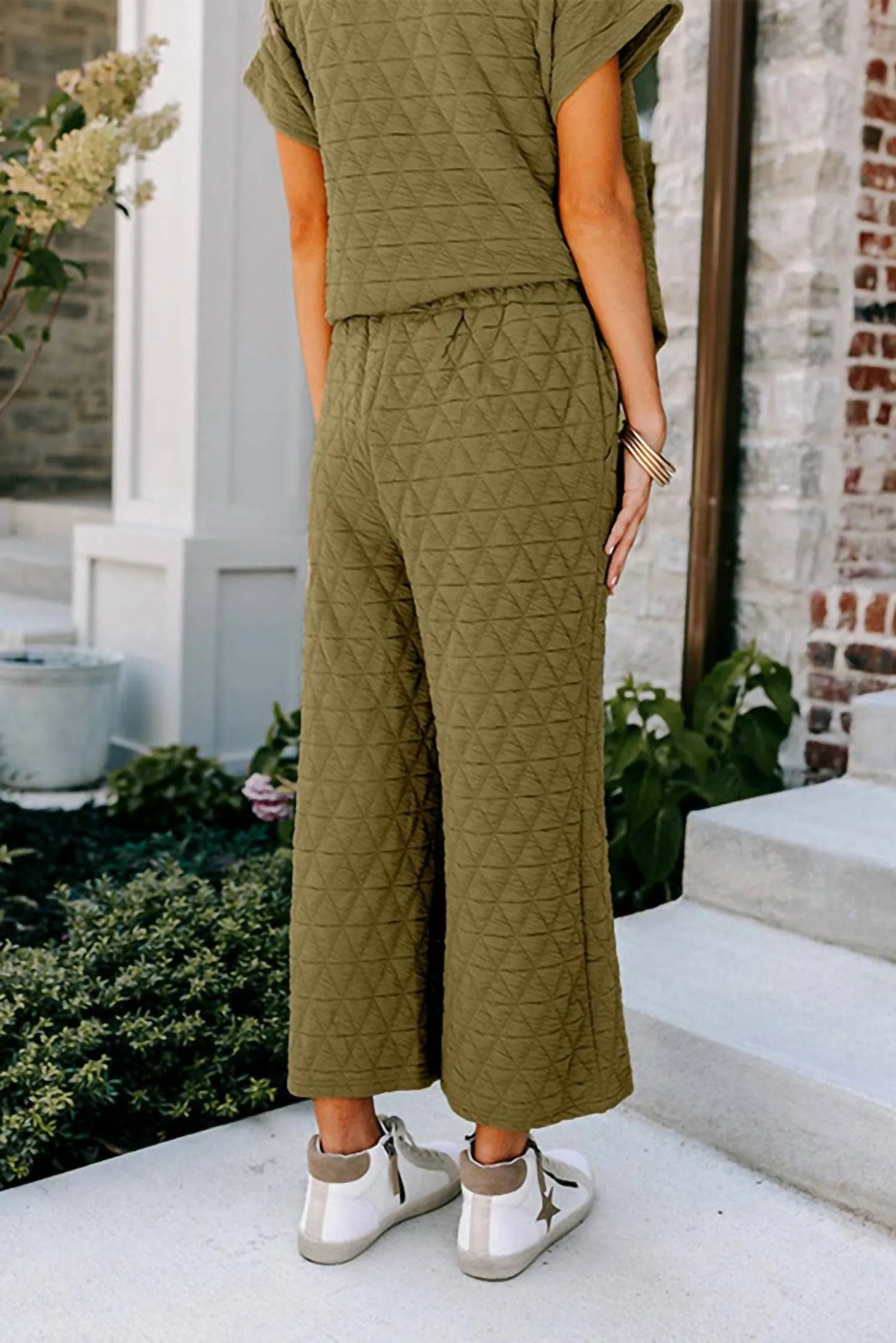 Emory Quilted Wide Leg Pants Set In Sage Green