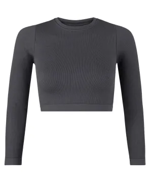 EVOKE Ribbed Long-Sleeve Crop Top | Slate Grey