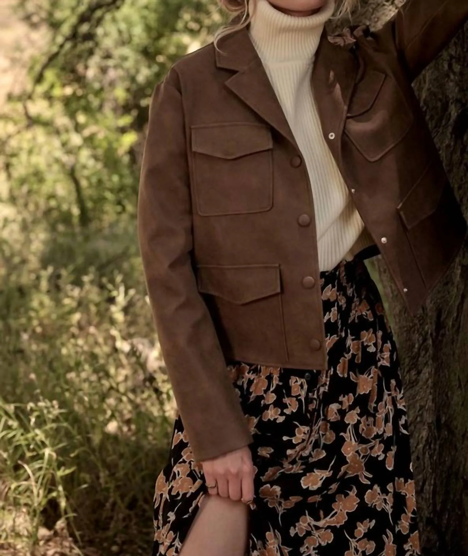 Faux Leather Collar Neck Pocket Jacket In Brown