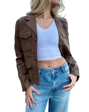 Faux Leather Collar Neck Pocket Jacket In Brown