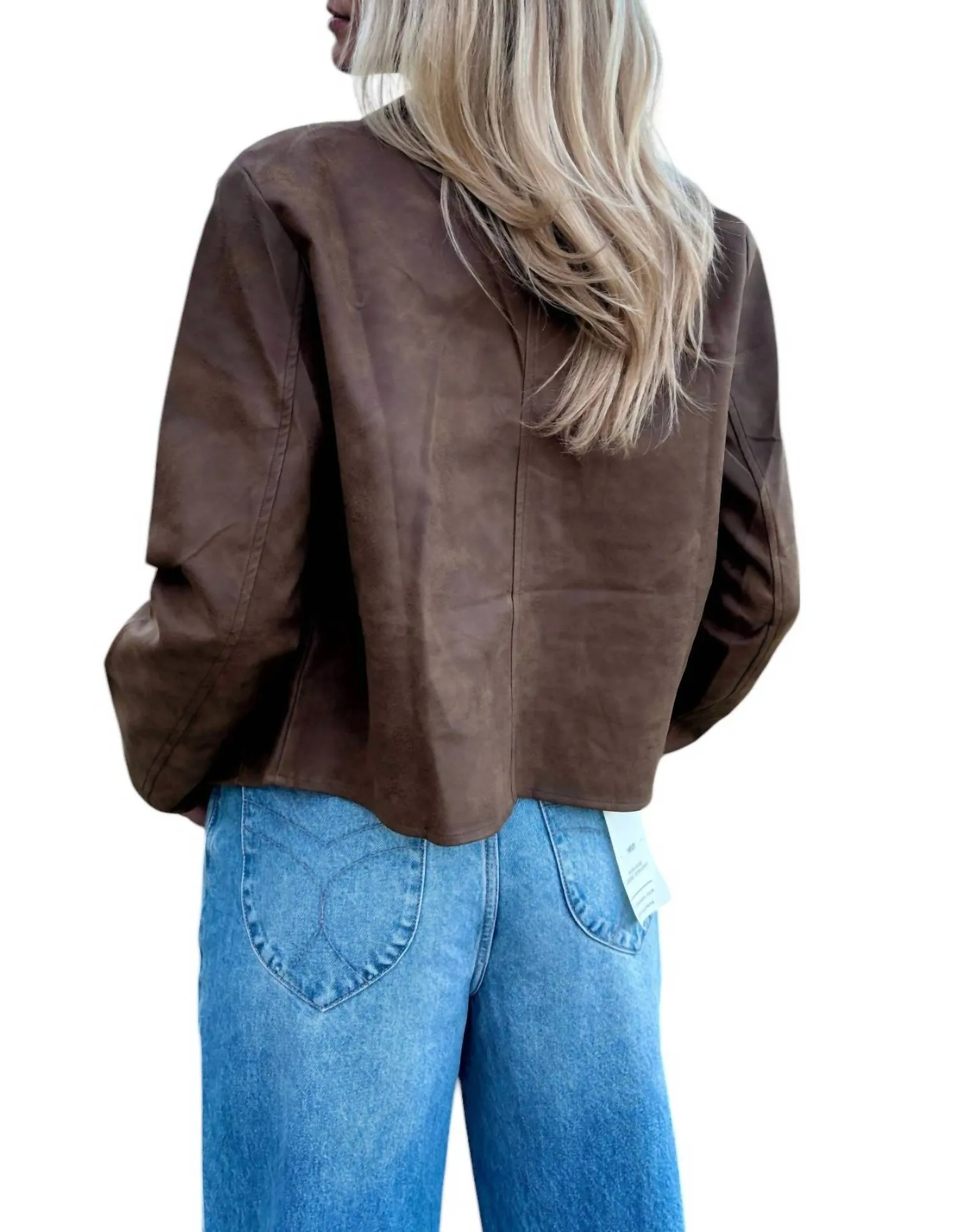 Faux Leather Collar Neck Pocket Jacket In Brown