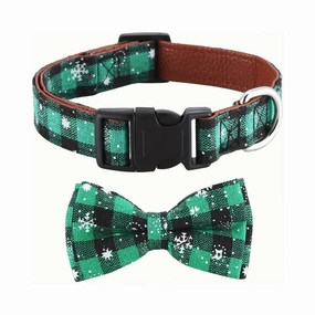 Festive Christmas Dog Collar with Detachable Bow Tie (Green) - Medium dog harness and leash,reflective dog collar,pet walking gear