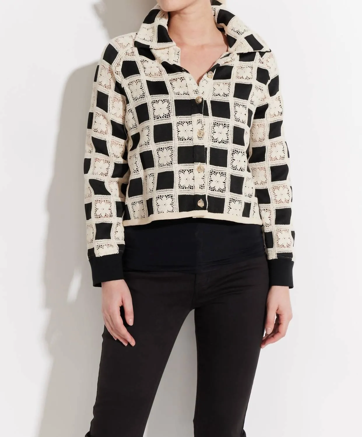 Floral Crochet Pattern Button Front Jacket In Black And Cream