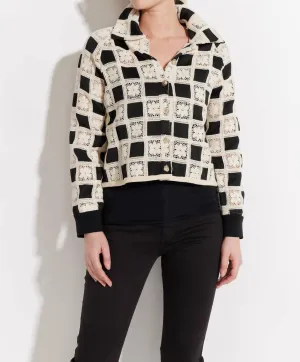 Floral Crochet Pattern Button Front Jacket In Black And Cream
