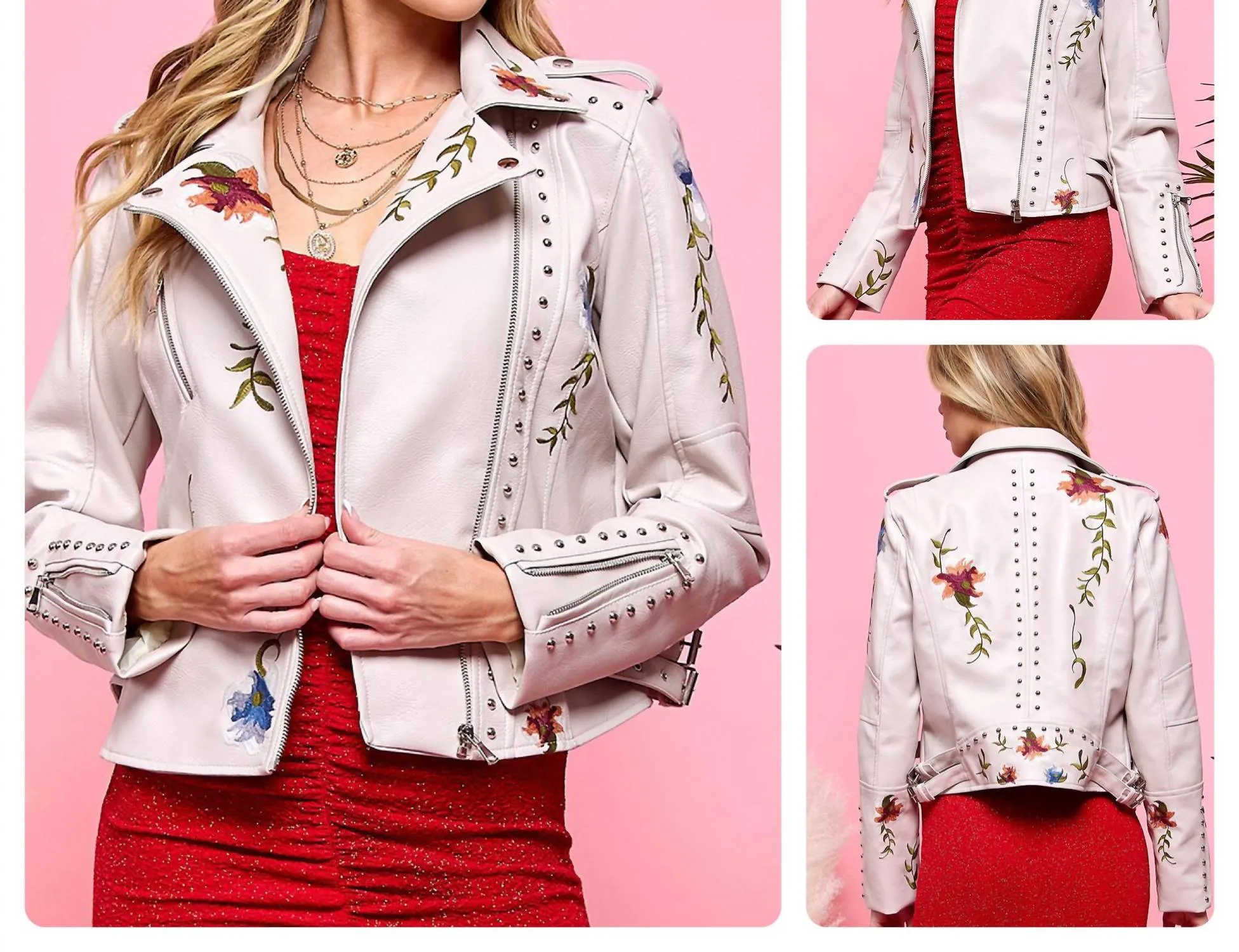 Floral Embroidered Faux Leather Jacket In White
