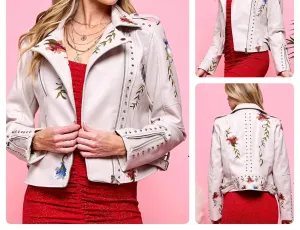 Floral Embroidered Faux Leather Jacket In White