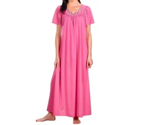 Flower Petal Embroidery And Flutter Sleeves Long Nightgown In Rosey Pink