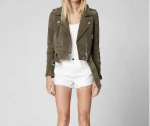 Fountain Suede Moto Jacket In Olive Green