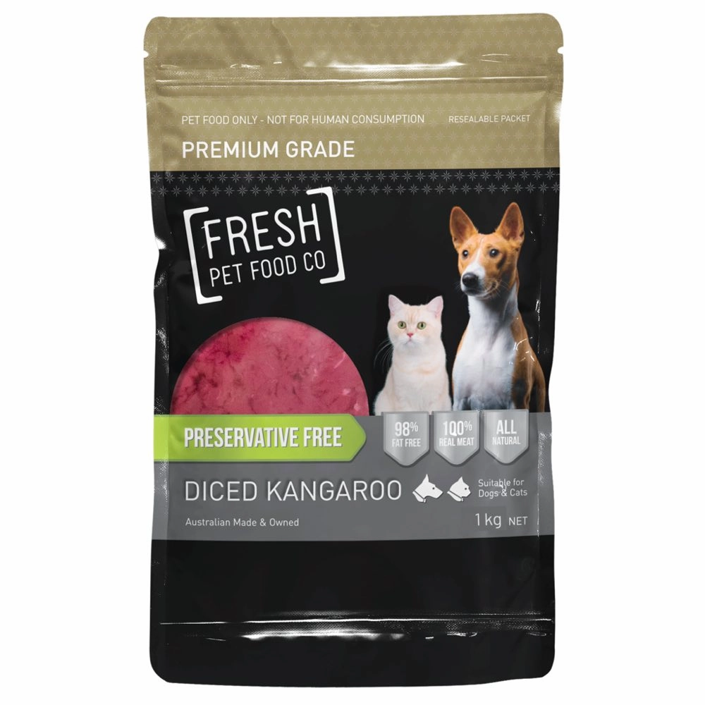 Fresh Pet Food Co Raw Premium Diced Kangaroo Frozen Cat & Dog Food 1kg raw pet food,frozen meat dog,raw feeding dog