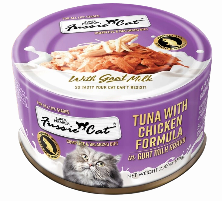 Fussie Cat Wet Cat Food Goat Milk Formula - Tuna & Chicken 2.4oz Can Single grain free wet cat food,senior cat wet food,cat pt