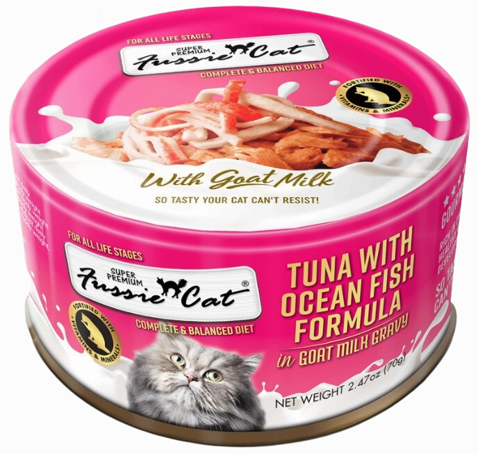 Fussie Cat Wet Cat Food Goat Milk Formula - Tuna & Ocean Fish  2.4oz Can Single grain free wet cat food,senior cat wet food,cat pt