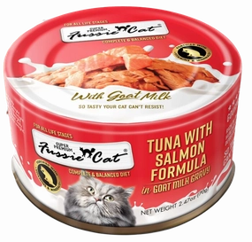 Fussie Cat Wet Cat Food Goat Milk Formula - Tuna & Salmon 2.4oz Can Single grain free wet cat food,senior cat wet food,cat pt