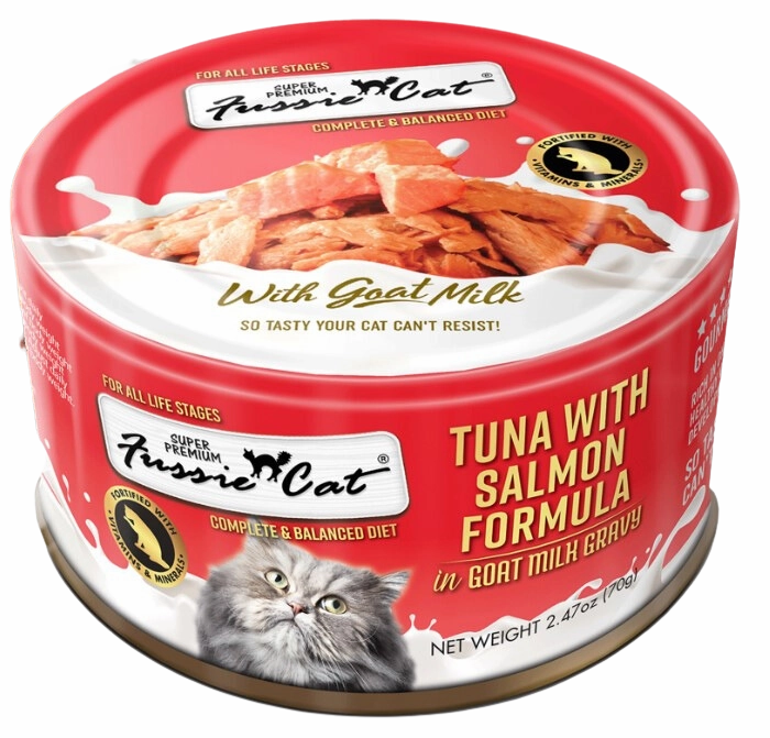 Fussie Cat Wet Cat Food Goat Milk Formula - Tuna & Salmon 2.4oz Can Single grain free wet cat food,senior cat wet food,cat pt
