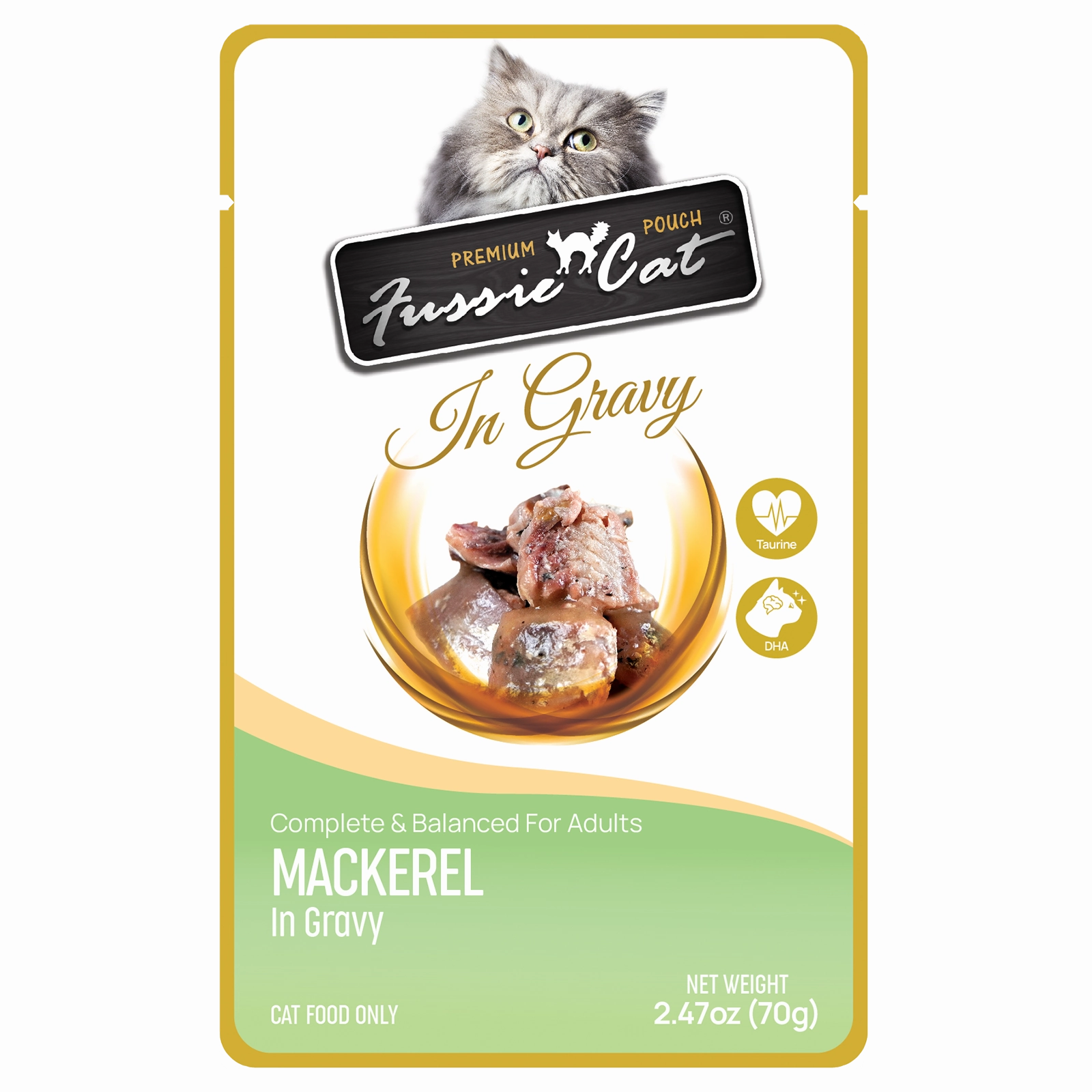 Fussie Cat Wet Cat Food Grain Free Premium Mackerel Formula in Gravy 2.47oz Pouch Single grain free wet cat food,senior cat wet food,cat pt
