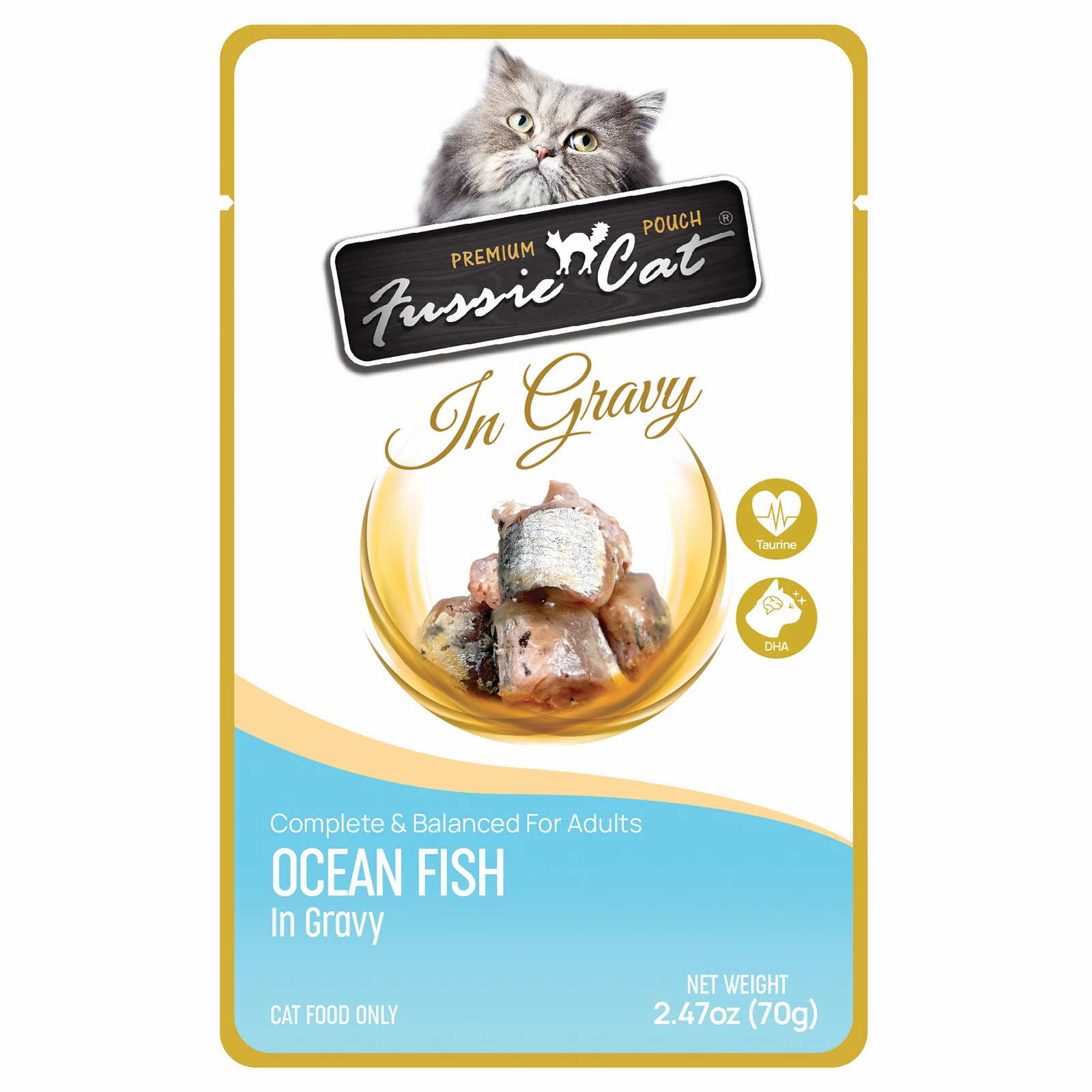 Fussie Cat Wet Cat Food Grain Free Premium Oceanfish Formula in Gravy 2.47oz Pouch Single grain free wet cat food,senior cat wet food,cat pt