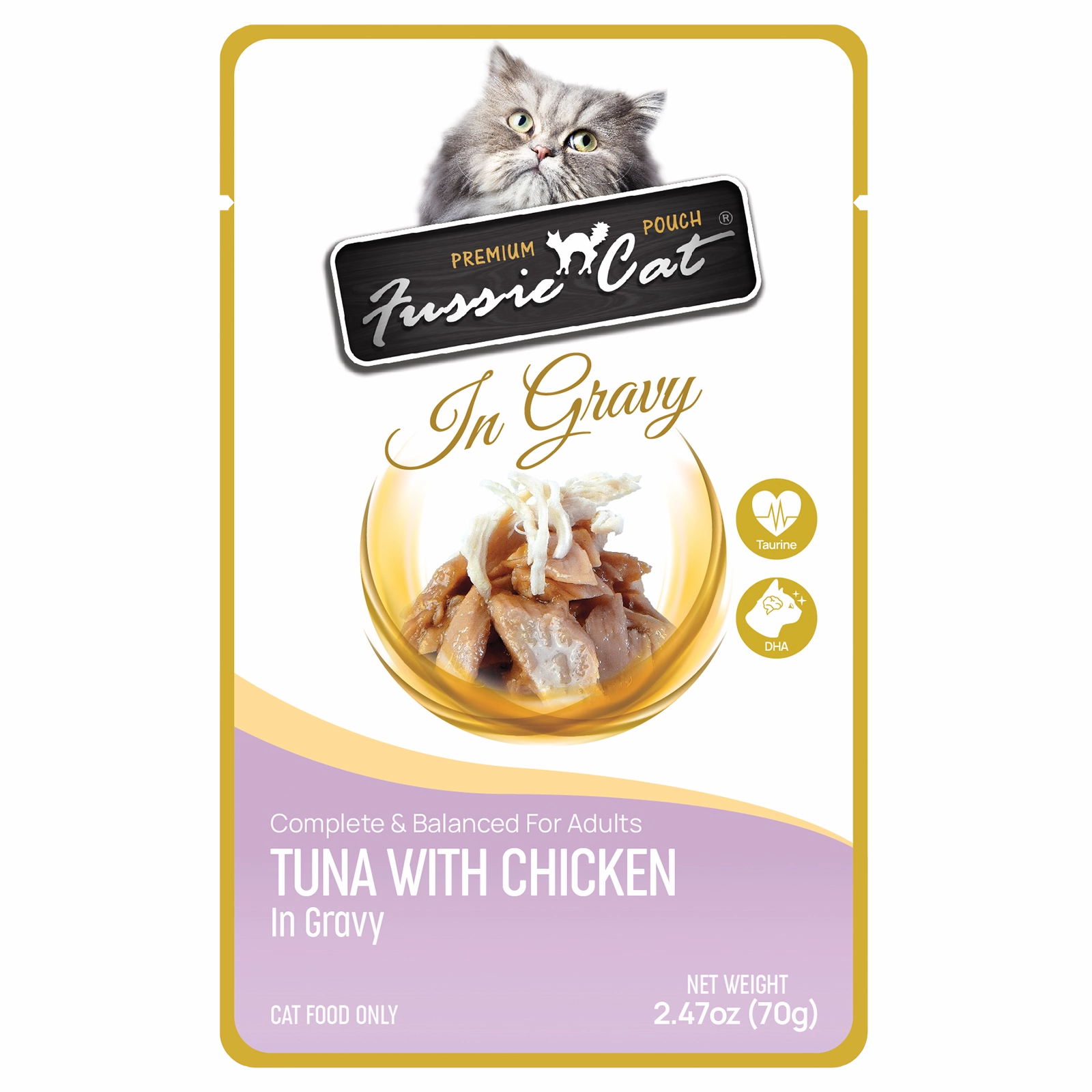 Fussie Cat Wet Cat Food Grain Free Premium Tuna with Chicken Formula in Gravy 2.47oz Pouch Single grain free wet cat food,senior cat wet food,cat pt