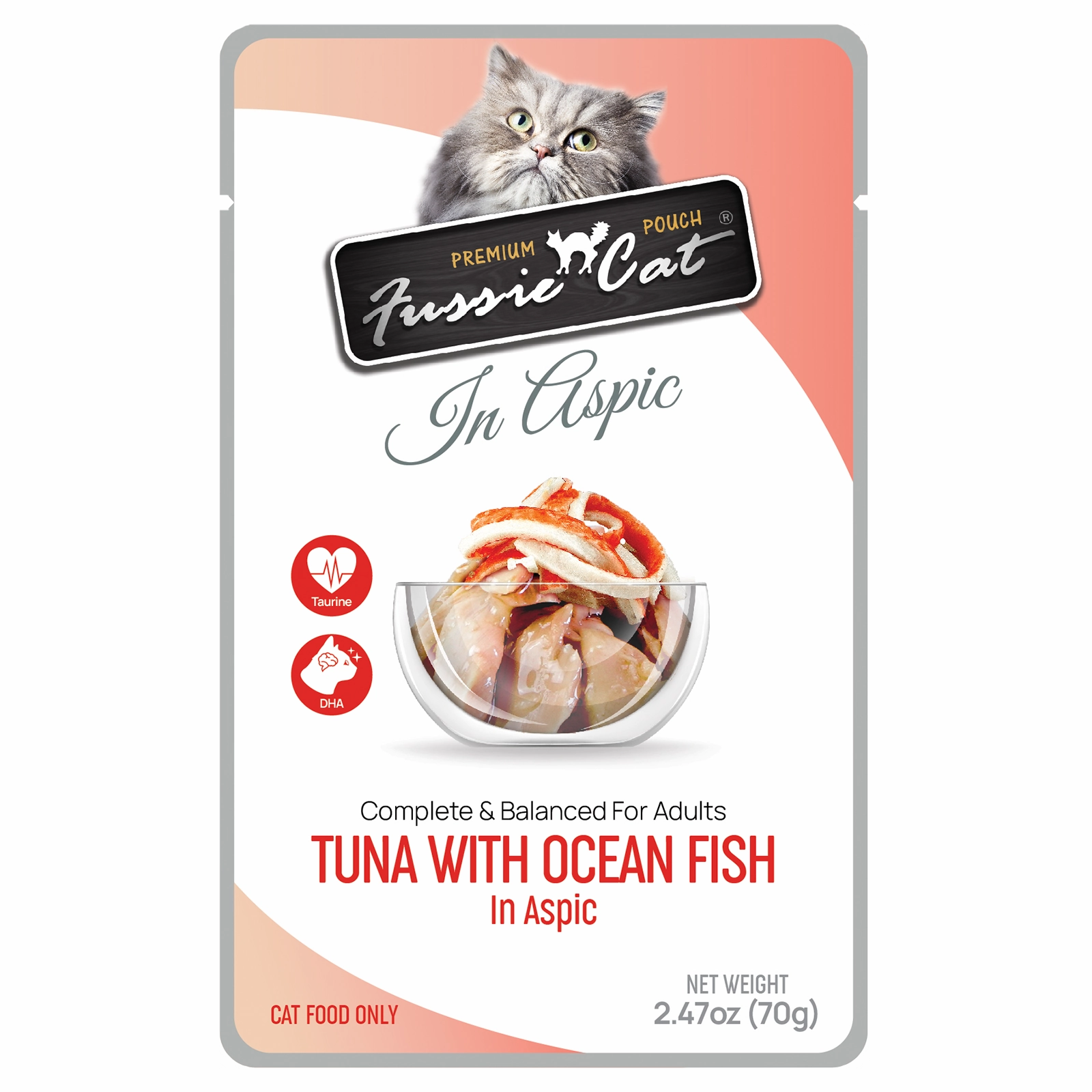 Fussie Cat Wet Cat Food Grain Free Premium Tuna with Ocean Fish Formula in Aspic 2.47oz Pouch Single grain free wet cat food,senior cat wet food,cat pt