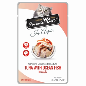 Fussie Cat Wet Cat Food Grain Free Premium Tuna with Ocean Fish Formula in Aspic 2.47oz Pouch Single grain free wet cat food,senior cat wet food,cat pt