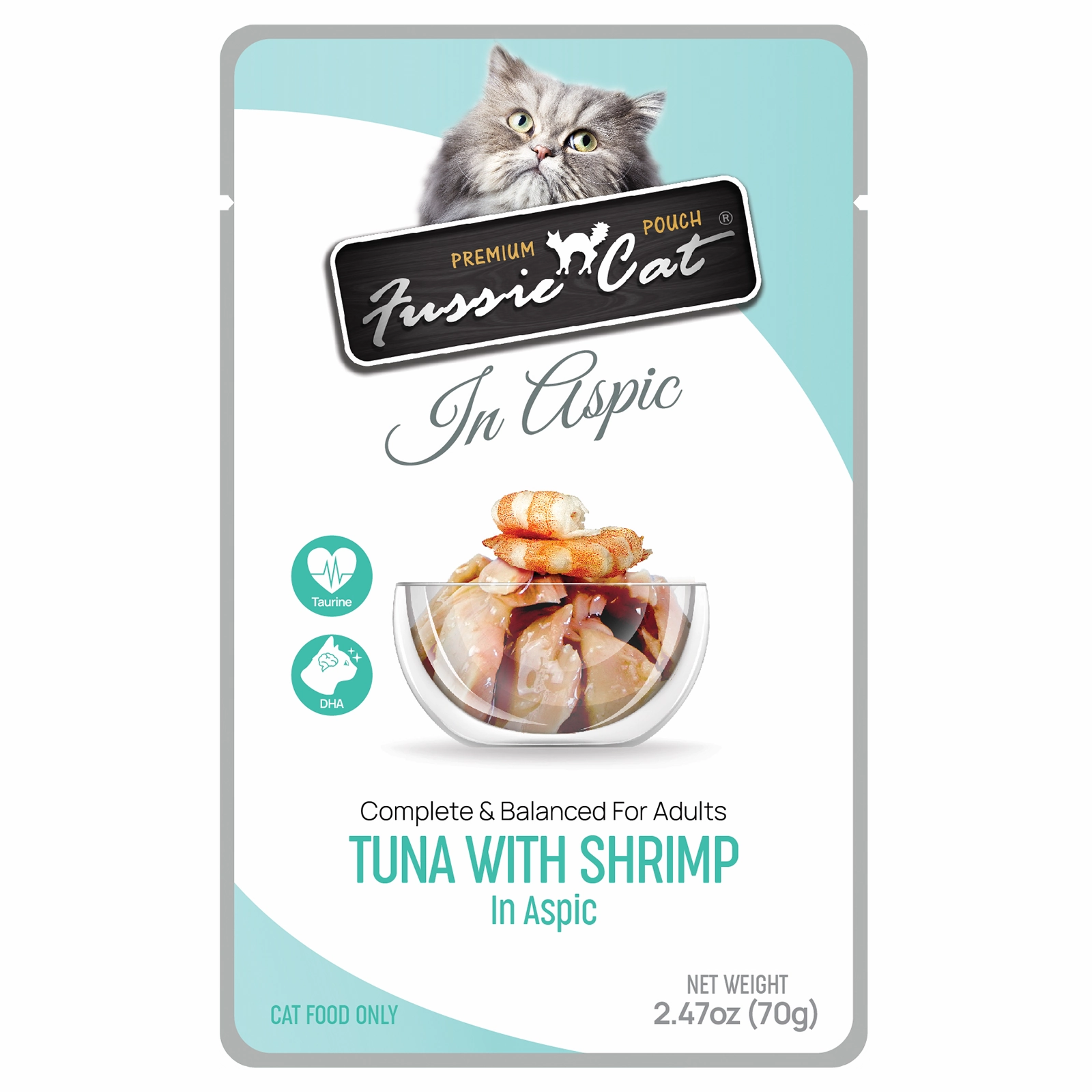 Fussie Cat Wet Cat Food Grain Free Premium Tuna with Shrimp Formula in Aspic 2.47oz Pouch Single grain free wet cat food,senior cat wet food,cat pt