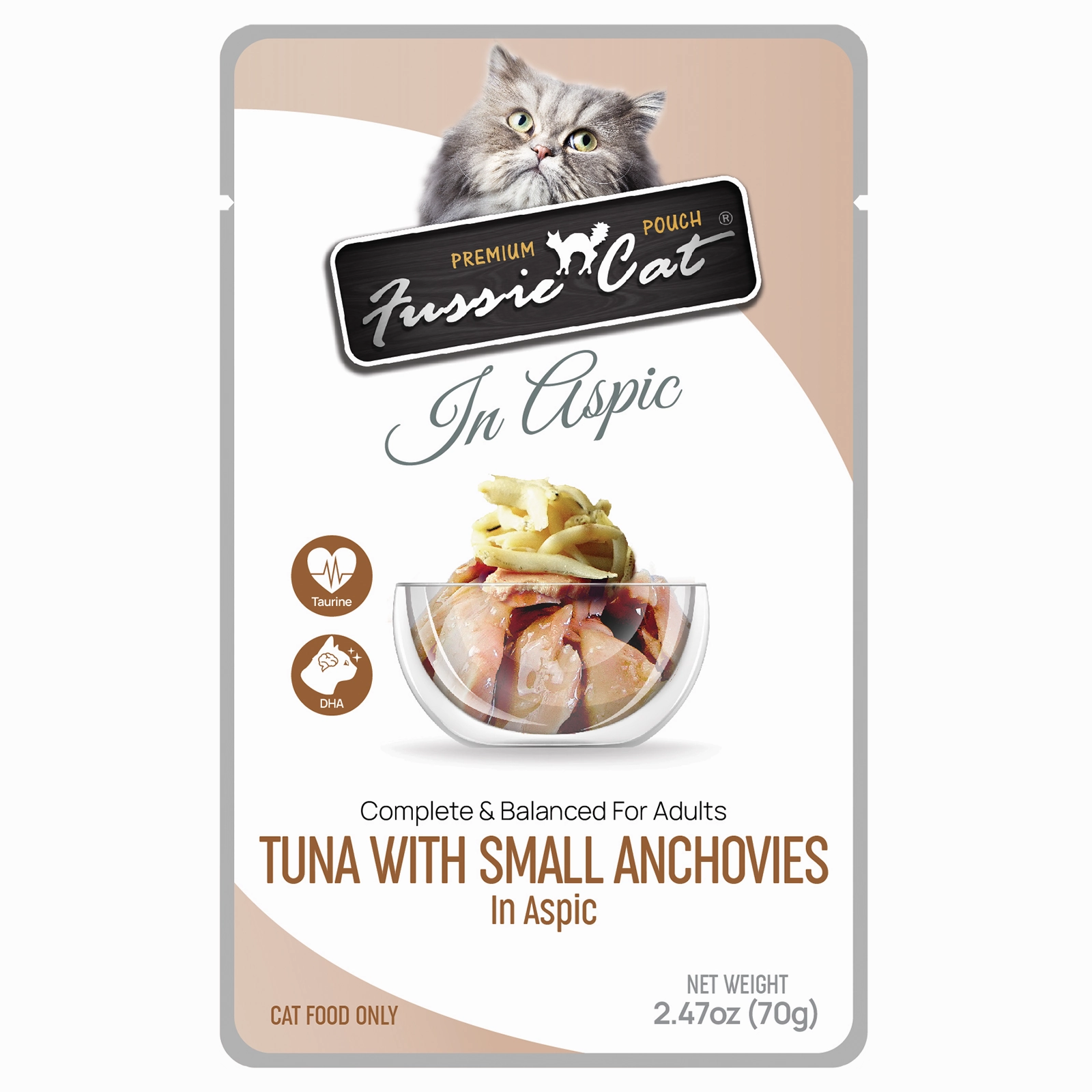 Fussie Cat Wet Cat Food Grain Free Premium Tuna with Small Anchovies Formula in Aspic 2.47oz Pouch Single grain free wet cat food,senior cat wet food,cat pt