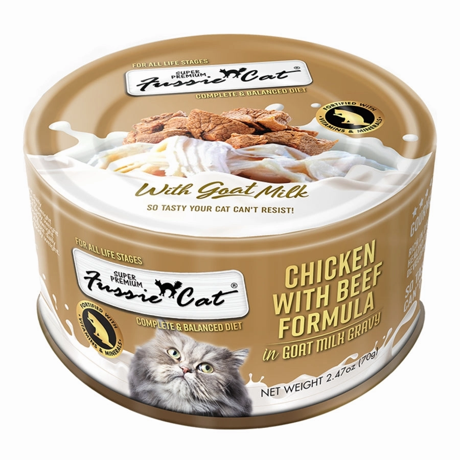 Fussie Cat Wet Cat Food Grain Free Super Premium Chicken with Beef Formula in Goat Milk Gravy 2.47oz Can Single grain free wet cat food,senior cat wet food,cat pt