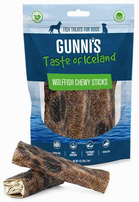 Gunni's Dog Treats Wolffish Chewy Sticks 3ct 3oz bag pet id tag,personalized dog tag,engraved cat id