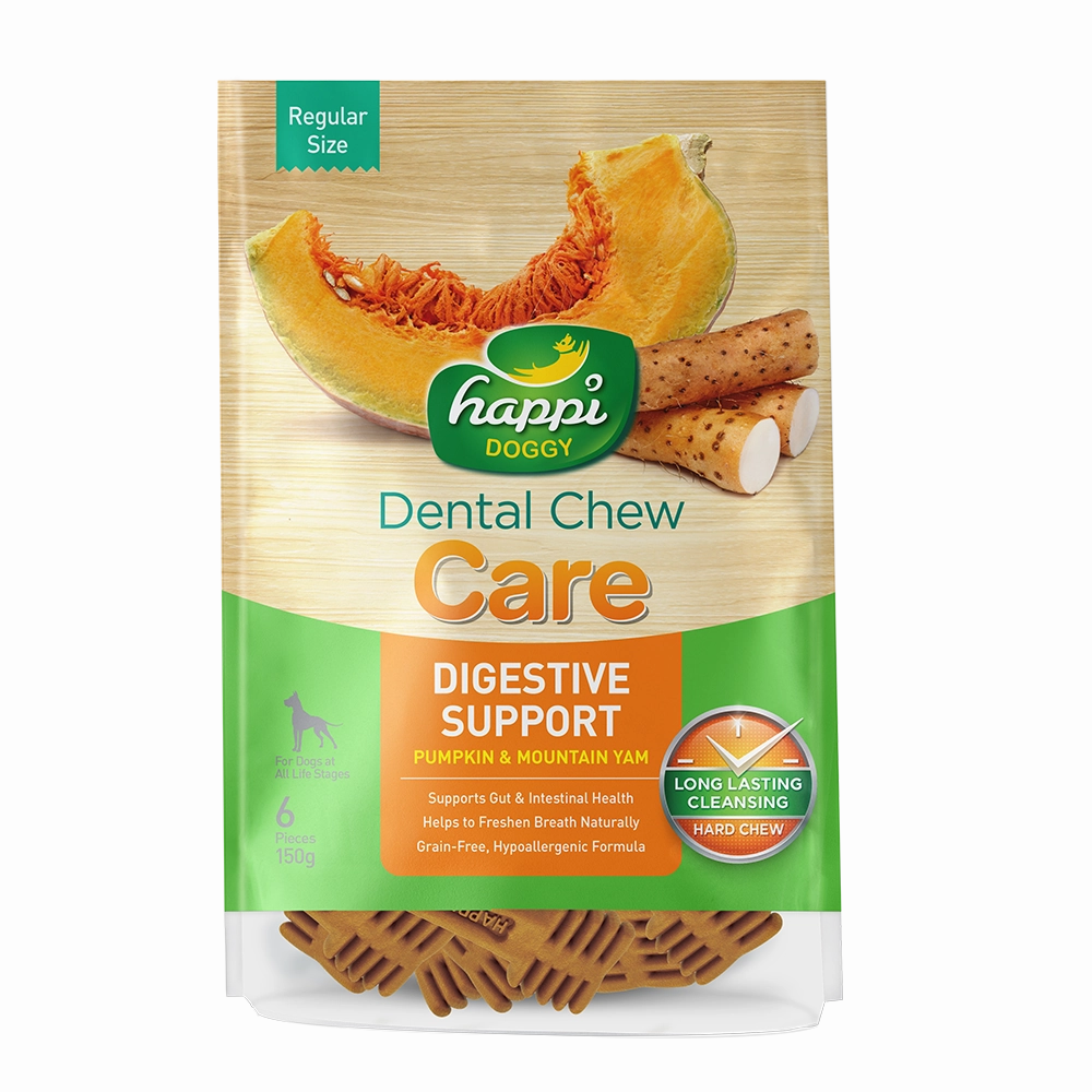 Happi Doggy Dental Chew Care Hard Chew Digestive Support Pumpkin & Mountain Yam Regular 150g dental dog chews,vet approved chews,teeth cleaning treats
